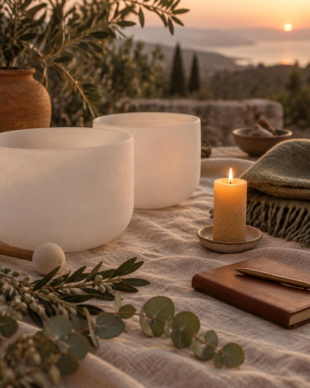 Crystal singing bowls beside a lit beeswax candle, a folded blanket and a journal on a linen cloth at dusk